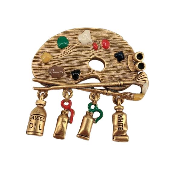 Danecraft Gold Tone Painters Palette Dangle Brooch, Paint Tubes Charms, Signed - Picture 11 of 11